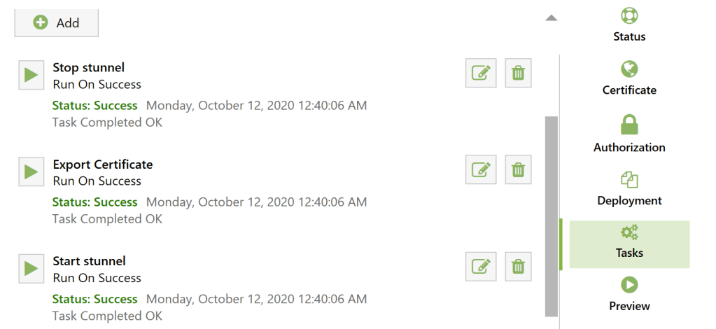 Certify The Web's UI with all 3 deployment tasks added