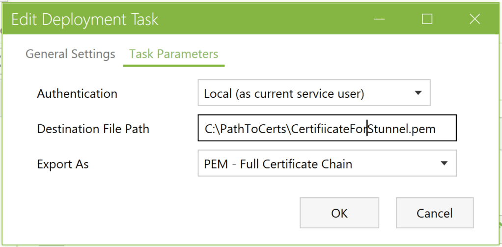Certify The Web's task parameters for 'export certificate' task